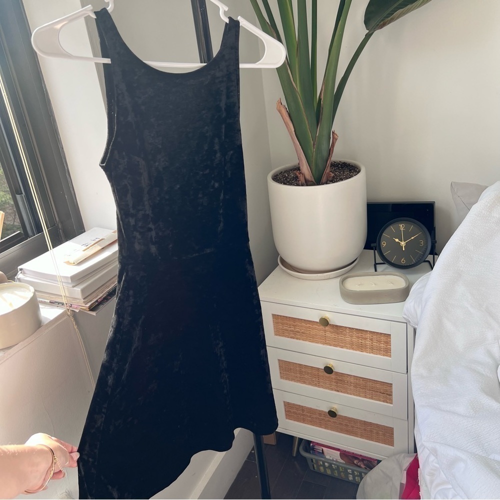 H&M Black velvet fitted high neck dress with A- line and open back